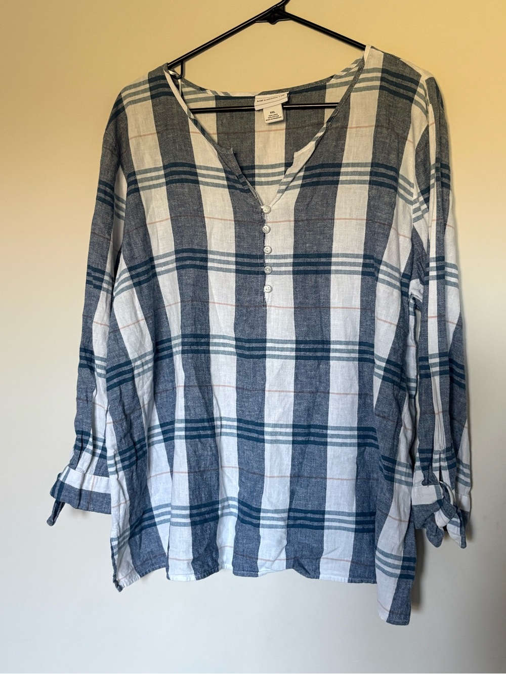 Liz Claiborne Linen Blend Plaid Henley Tunic Blouse XXL Blue and White
